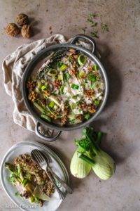 Fleshy fennel and earthy leek cooked in coconut milk with garlic, thyme and sumac covered with toasted walnuts; vegan Fennel Leek Walnut Stew recipe, paleo too. Edward Daniel ©.