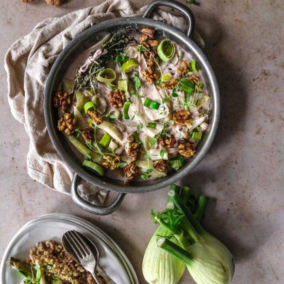 Fleshy fennel and earthy leek cooked in coconut milk with garlic, thyme and sumac covered with toasted walnuts; vegan Fennel Leek Walnut Stew recipe, paleo too. Edward Daniel ©.