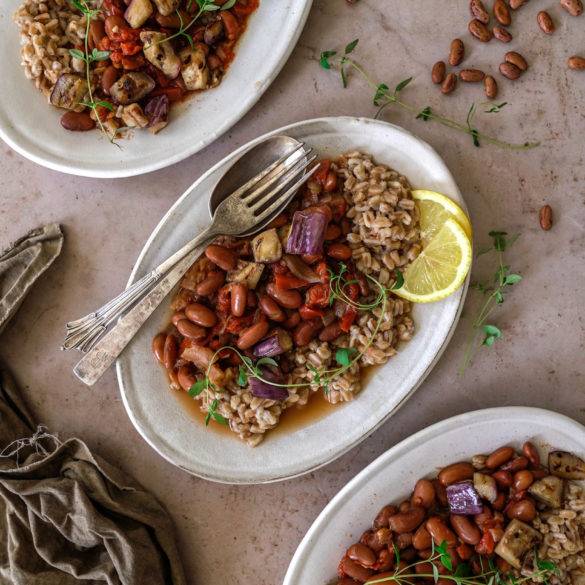 Soft pinkish-brown vegan Rose Coco Bean Aubergine Stew with smoked paprika, ginger and garlic, with a touch of citrus lemon. Edward Daniel ©.