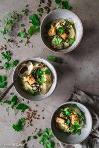 Vegan Roasted Parsnip and Celeriac Soup recipe, paleo too; with earthy caraway, marjoram, thyme and coriander and topped with toasted sunflower and pumpkin seeds; Edward Daniel ©.