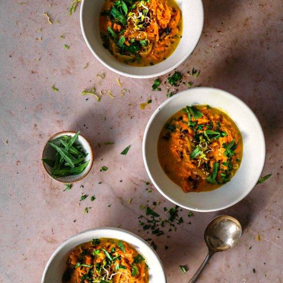 Sweet Potato Onion Soup Earthy succulent sweet potato with sweet caramelised onions infused with liquorice-like tarragon; Vegan Sweet Potato Onion Soup recipe. Edward Daniel ©.