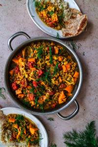 Burst vegan Split Pea Sweet Potato Curry recipe; infused with coriander, mango, caraway and turmeric and topped with dills. Edward Daniel ©.