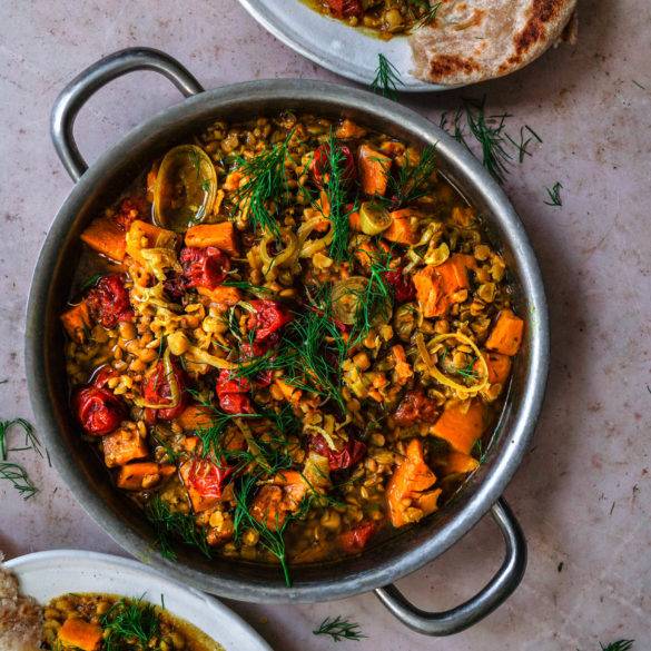 Burst vegan Split Pea Sweet Potato Curry recipe; infused with coriander, mango, caraway and turmeric and topped with dills. Edward Daniel ©.