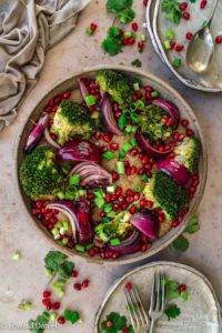 Malty vegan gluten-free Pomegranate Broccoli Amaranth Salad recipe; with pungent red onion, mellow spring onions and tangy pomegranate. Edward Daniel ©.