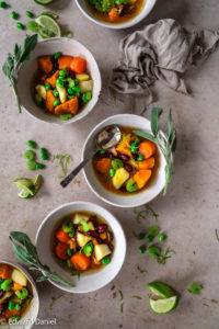 Vegan Sage Pumpkin Pottage recipe; with broad and kidney beans, potatoes, celery, carrots, lemon grass, and lime. Edward Daniel ©.