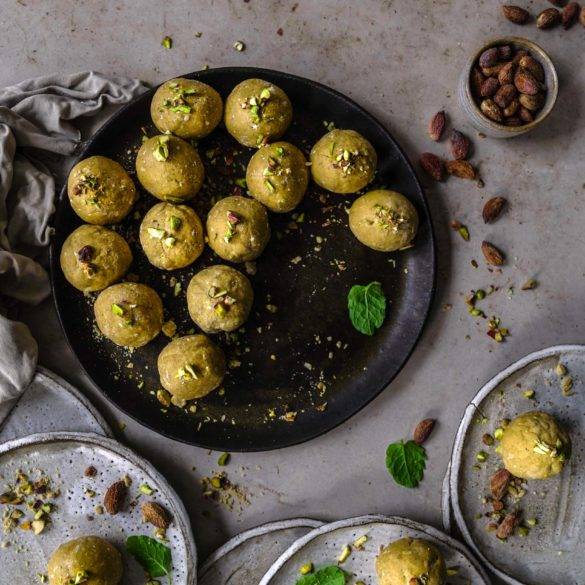 Vegan gluten-free Besan Ladoos recipe; ladoos flavoured with sweet citrus cardamoms, nutty pistachios, aromatic coconut and roasted chick pea. Edward Daniel ©.