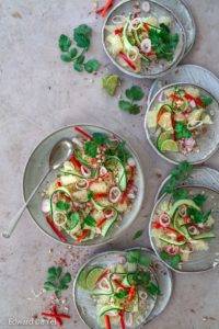 Fleshy pomelo with peppers, peanuts, cucumber, fresh mint and coriander, fiery chili and citrus lime; Raw Vegan Thai Pomelo Salad, paleo too. Edward Daniel ©.