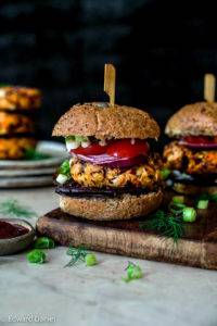 Hearty kidney bean burger with cumin, coriander, carrots, onion, ginger and piquant chipotle; vegan gluten-free Spicy Mexican Bean Burger recipe; Edward Daniel ©.
