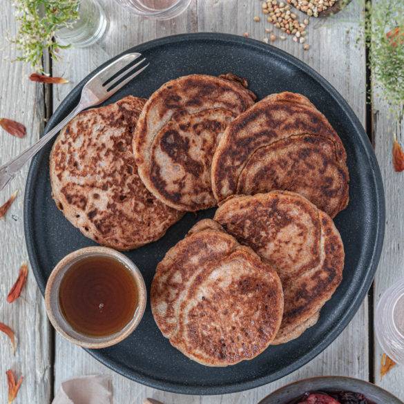 Cushiony aerated Buckwheat Pancakes made from sprouted buckwheat, rejuvelac, citrusy lemon and cherry-candy-like scented cinnamon.