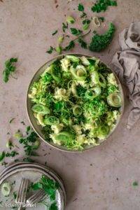 Fluffy smashed potatoes infused with lashings of shredded sautéed cabbage, steamed kale and scallions; Vegan gluten-free Colcannon recipe, Irish cuisine. Edward Daniel ©.