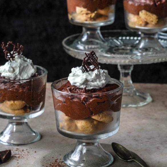 Creamy heavenly velvety satin vegan gluten-free Chocolate Mousse recipe; with melted dark chocolate, coconut cream and airy aquafaba. Edward Daniel ©.