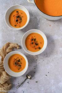 Exotic tart citrus mango with sweet nutty baked butternut squash in vegetable stock; Vegan Mango Butternut Soup recipe. Edward Daniel ©.