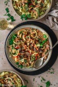 Mushrooms cooked in white wine and almond cream flavoured with smoked paprika, umami tamari and wholegrain mustard; vegan gluten-free Mushroom Stroganoff recipe. Edward Daniel ©.