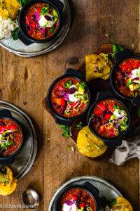 Gluten-free Vegan Chilli Con Carne recipe, paleo too; with heart kidney beans and buttery walnuts, flavoured with smoked paprika, tamari, oregano, pepper and lemon juice. Edward Daniel ©.