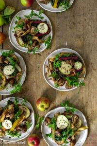 Autumnal Mushrooms; fleshy oyster and shiitake, crispy sweet pear and apple and bitter chard spread over sourdough. Edward Daniel ©.