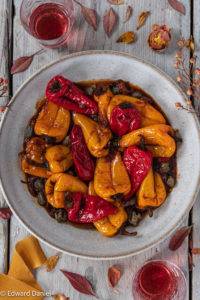 Braised sweet peppers stewed in yellow onions, garlic, sundried tomatoes, smoked paprika and a sprinkle of fresh basil and lemony capers.