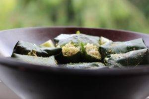 Caption of Raw Mint Pistachio Mouli Cauliflower Stuffed Vine Leaves. Image by Edward Daniel (c).