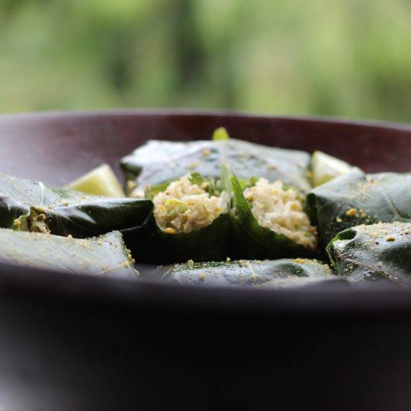 Caption of Raw Mint Pistachio Mouli Cauliflower Stuffed Vine Leaves. Image by Edward Daniel (c).