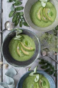 Avocado Mint and Cucumber Soup, with citrusy lime, shallot and garlic and fresh mint complementing the sweet cucumber and buttery avocado