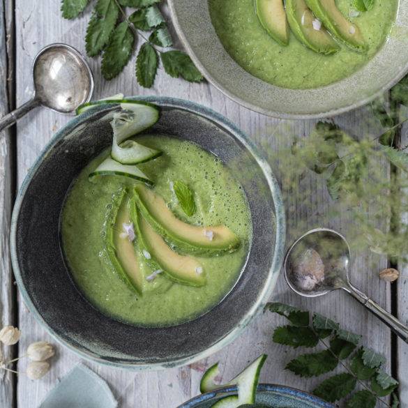 Avocado Mint and Cucumber Soup, with citrusy lime, shallot and garlic and fresh mint complementing the sweet cucumber and buttery avocado