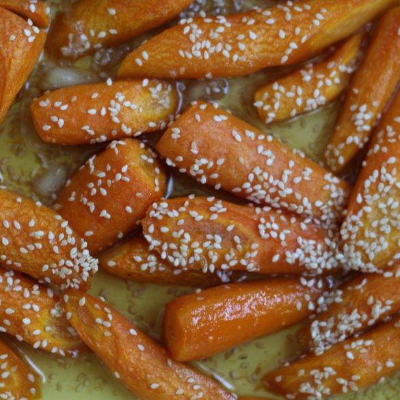 Caption of Roasted Maple Syrup Carrots with Sesame Seed. Image by Edward Daniel (c).