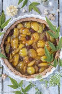 Succulent seasonal sweet mellow greengage and sundried sultanas doused in lemon on a malty amaranth pastry bed; Greengages and Sultana Pie.