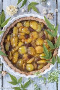 Succulent seasonal sweet mellow greengage and sundried sultanas doused in lemon on a malty amaranth pastry bed; Greengages and Sultana Pie.