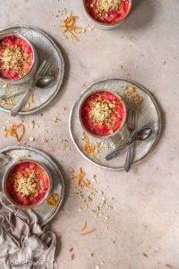 Sweet citrus orange grenadine-soaked tart rhubarb topped with oat buckwheat coconut crumble; vegan gluten-free Rhubarb Crumble recipe, paleo too. Edward Daniel ©.