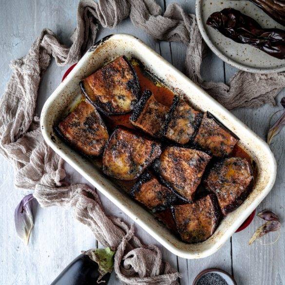 Caption of Raw Marinaded Aubergine with Poppy Seeds. Image by Edward Daniel (c).