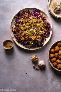 Peppery red cabbage in balsamic vinegary dressing with chilli, activated walnuts and toasted sesame seeds; Spicy Walnut Red Cabbage. Edward Daniel ©.
