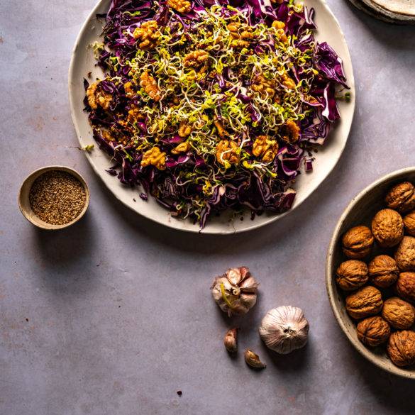 Peppery red cabbage in balsamic vinegary dressing with chilli, activated walnuts and toasted sesame seeds; Spicy Walnut Red Cabbage. Edward Daniel ©.