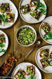 Chunky Almond Parsley Dip drizzled with virgin olive oil, and imbued with sherry vinegar, tahini and a sprinkle of salt and pepper. Edward Daniel ©.
