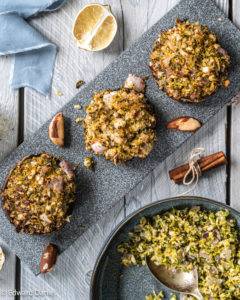 Caption of Brussels Sprout Brazil Nut Stuffed Portobello Mushrooms. Image by Edward Daniel (c).