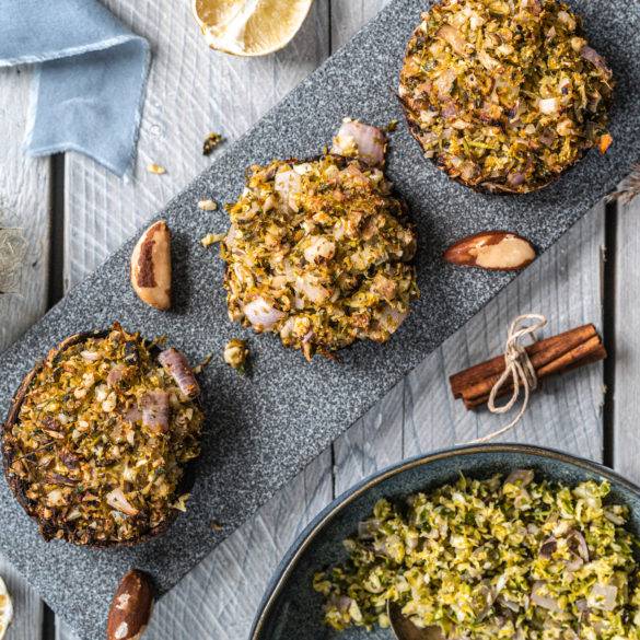 Caption of Brussels Sprout Brazil Nut Stuffed Portobello Mushrooms. Image by Edward Daniel (c).