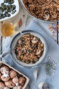 Crunchy chewy Pearl Barley with earthy porcini and sweet chestnut mushrooms and lemony peppery thyme; Mushroom Pearl Barley Risotto.