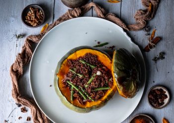 Crown Prince Squash stuffed with Fine Beans Walnuts and Quinoa Flatlay Caption of Crown Prince Squash stuffed with Fine Beans Walnuts and Quinoa. Image by Edward Daniel (c).
