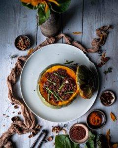 Caption of Crown Prince Squash stuffed with Fine Beans Walnuts and Quinoa. Image by Edward Daniel (c).