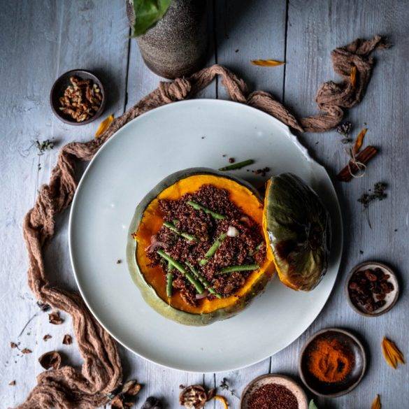 Caption of Crown Prince Squash stuffed with Fine Beans Walnuts and Quinoa. Image by Edward Daniel (c).