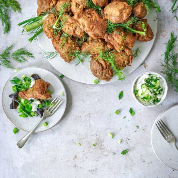 Pillowy aniseed vegan gluten-free Fennel Pakora recipe, Indian cuisine; embedded with pomegranate seeds, mango, cumin and lemony coriander. Edward Daniel ©.