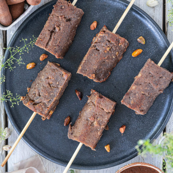 Panfried savoury wheat gluten Seitan basted in a smoky tangy citrus tamarind paprika sauce; Sautéed Barbecue Seitan.