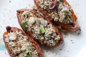 Caption of Baked Sweet Potatoes with Walnut Three Seed Filling. image by Edward Daniel (c).