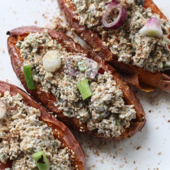 Caption of Baked Sweet Potatoes with Walnut Three Seed Filling. image by Edward Daniel (c).