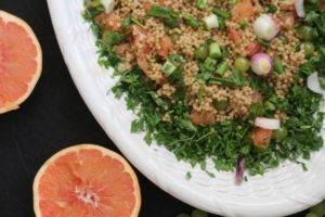 Caption of Palestinian Grape and Grapefruit Maftoul Salad. Image by Edward Daniel (c).