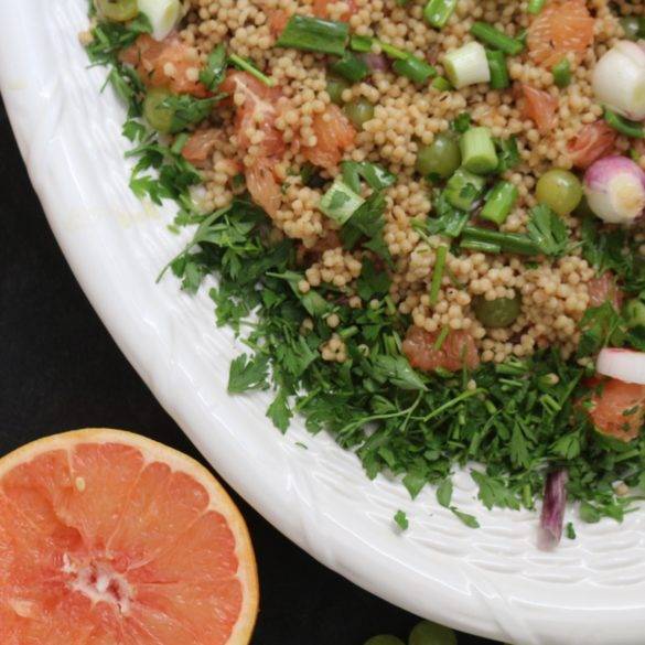 Caption of Palestinian Grape and Grapefruit Maftoul Salad. Image by Edward Daniel (c).