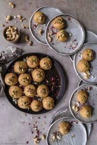 Creamy nutty vegan gluten-free Cashew Besan Burfi recipe, Indian cuisine; made with roasted chick pea flour and smoky zesty citrusy cardamoms and buttery coconut oil. Edward Daniel ©.