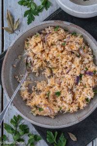 Creamy sweet earthy Swede tossed and fried with delicate nutty rice and red onion garnished with sprigs of parsley.