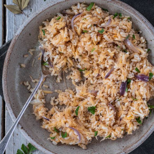 Creamy sweet earthy Swede tossed and fried with delicate nutty rice and red onion garnished with sprigs of parsley.