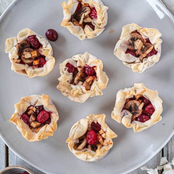 Cranberry with tart apple and sweet banana soaked in lemon juice in a crispy filo pastry; Cranberry Fruit Pie.