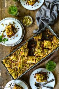 Almonds and Walnut caramelised between pastry sheets with earthy cinnamon, cloves and nutmeg, and topped with crushed pistachios; Vegan Baklava recipe, Turkish cuisine. Edward Daniel ©.