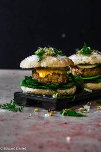 Vegan gluten-free Carrot Cannellini Bean Burgers recipe; infused with mango, cumin, garlic, ginger, fresh coriander and sesame seeds. Edward Daniel ©.